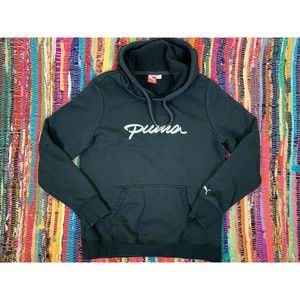 Puma Women Black Hoodie L Large Pullover Cotton Blend Logo Pockets Long Sleeve
